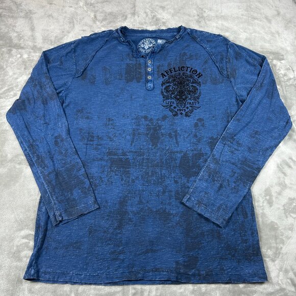 Affliction Live Fast Henley Men's 2XL Distressed Blue Long Sleeve Shirt Y2K - Picture 1 of 10